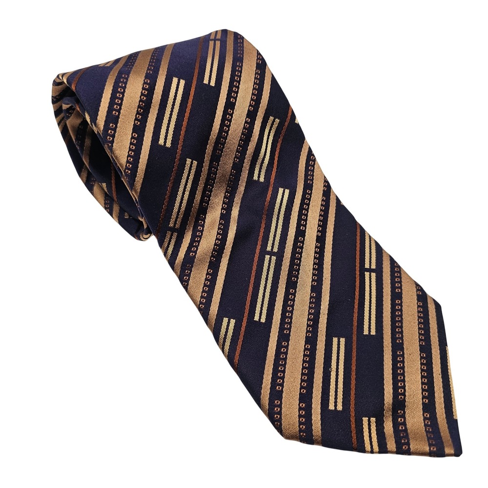 Zilli Paris Silk Tie Navy Gold Geometric Stripe Handmade France Luxury‎ Designer